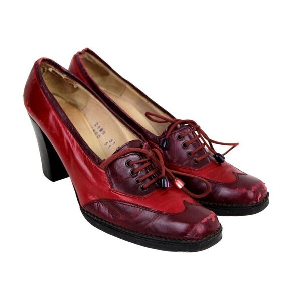 Christian Dior RED BURGUNDY GENUINE LEATHER MID HEEL ROUND TOE PUMP SHOES Size 9 - Picture 7 of 12